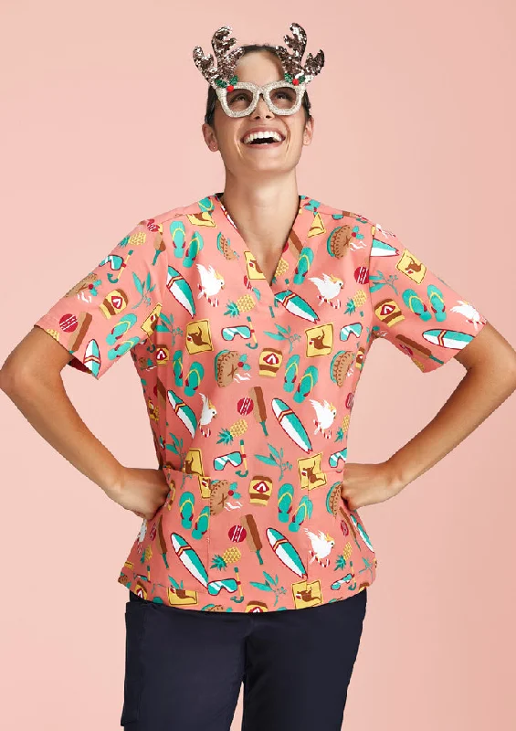 women's boots for security guardsLadies Christmas V-Neck Cotton Short Sleeve Scrub Top - Australia Coral