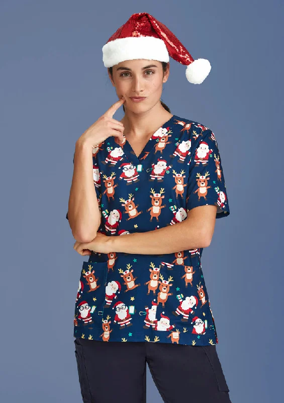 women's work boots with Kevlar stitchingLadies Christmas V-Neck Short Sleeve Scrub Top - Nurse Midnight Navy