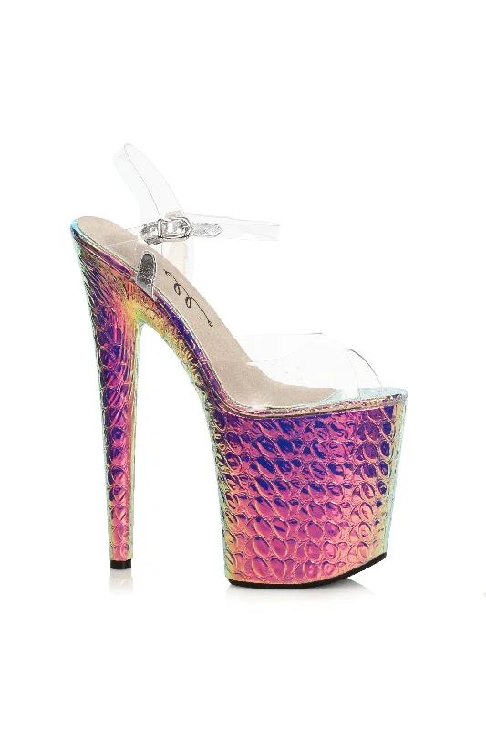 Women's Leather Heeled Sandals with Chunky Heel and Buckle Detail in Brown for a Rustic and Trendy AppealEllie 850-SUGAR 8" Heel Hologram Sandal Women's Leather Heeled Sandals with Chunky Heel and Buckle Detail in Brown for a Rustic and Trendy AppealEllie 850-SUGAR 8" Heel Hologram Sandal
