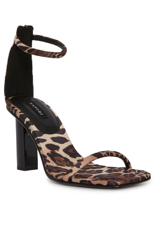 Women's Animal Print Heeled Sandals with High Heel and Open Back in Leopard for a Bold and Fashion - Forward StatementGlow Luxe Leopard Satin Block Heel Sandal