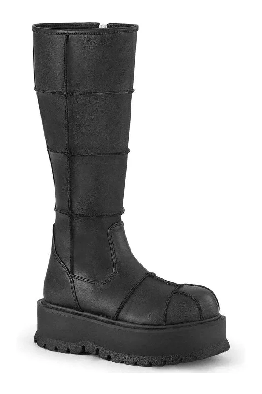 women's knee boots with strapsSLACKER-230 Knee Boot | Black Faux Leather