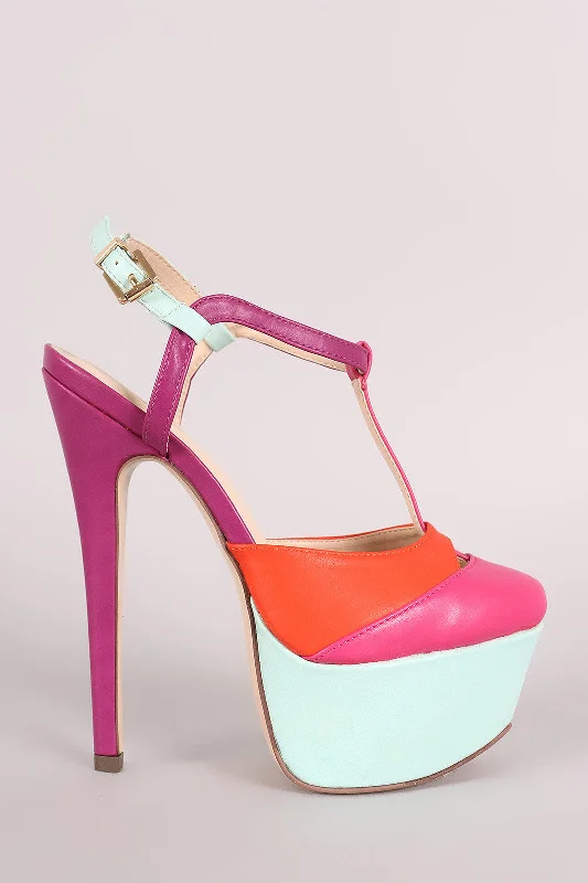 Women's brocade stiletto heel pumps with a vintage feelColorblock T-Strap Chunky Platform Pump Women's brocade stiletto heel pumps with a vintage feelColorblock T-Strap Chunky Platform Pump
