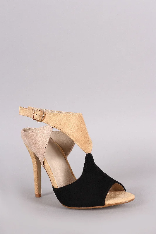 Women's cork - sole stiletto heel pumps for a natural touchCutout Block Color Peep Toe Stiletto Heel Women's cork - sole stiletto heel pumps for a natural touchCutout Block Color Peep Toe Stiletto Heel