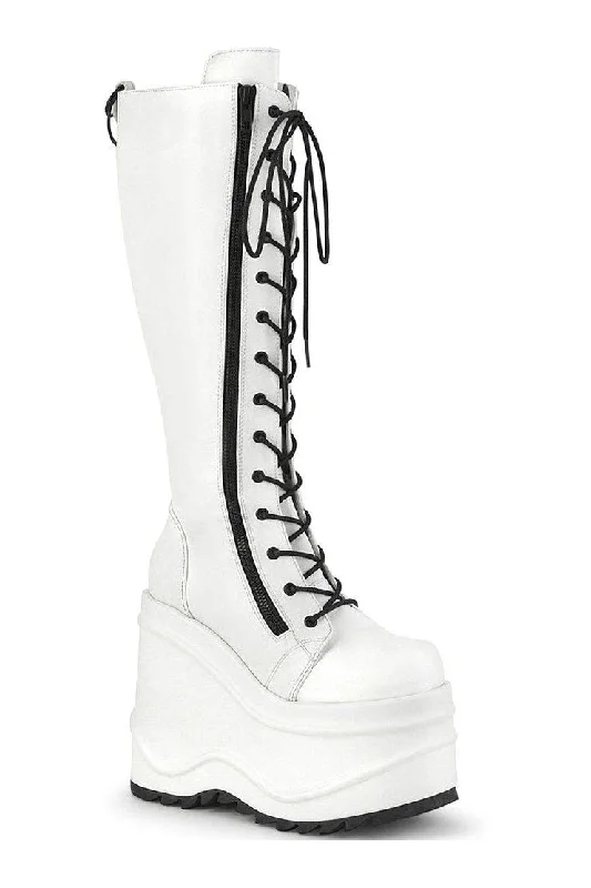 women's knee-high boots for workWAVE-200 Knee Boot | White Faux Leather