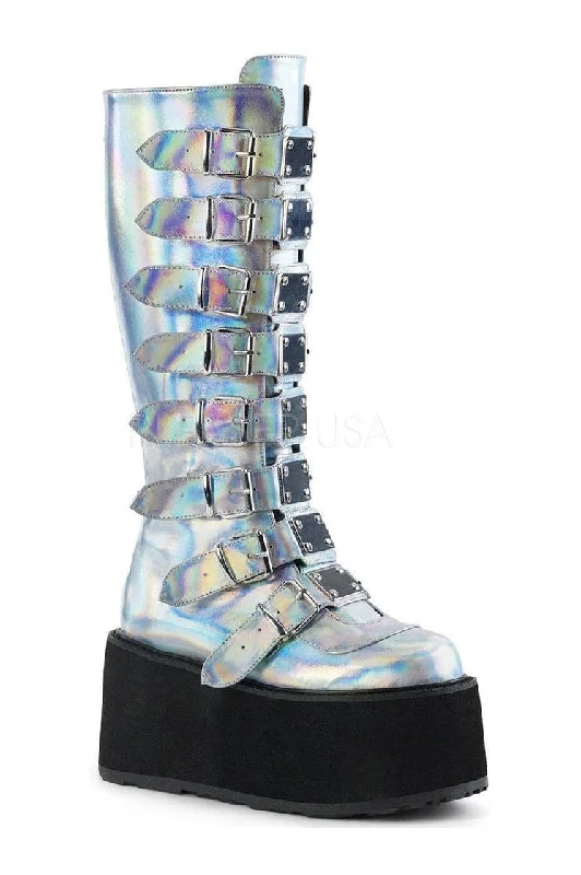 women's knee boots with side slitsDAMNED-318 Demonia Knee Boot | Silver Faux Leather