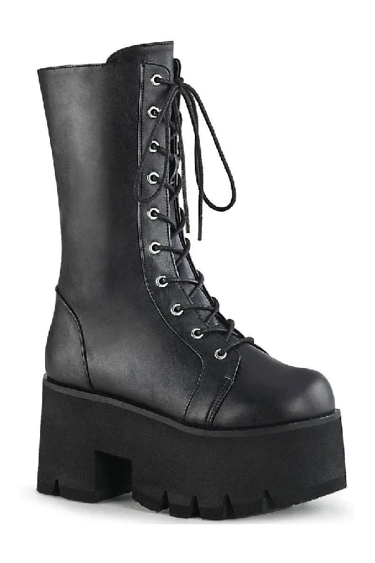 women's knee boots with fringeASHES-105 Knee Boot | Black Faux Leather