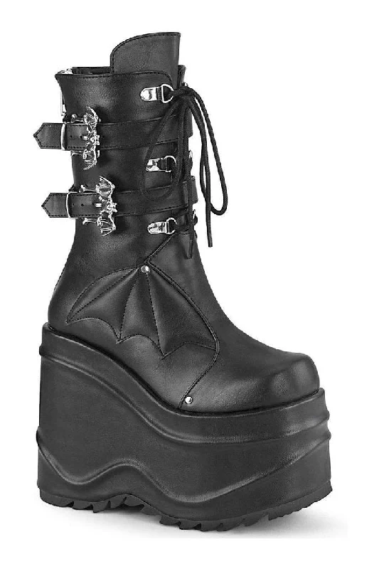 women's knee boots with embroideryWAVE-150 Knee Boot | Black Faux Leather