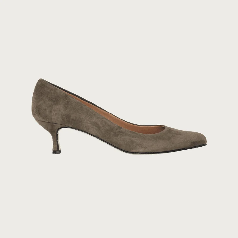 Women's cocktail party stiletto heel pumps with a unique patternMILK DECOLTE TAUPE SUEDE
