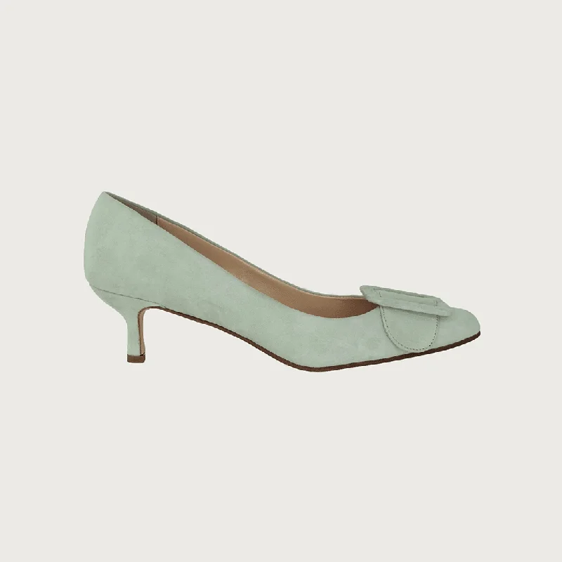 Women's metallic leather stiletto heel pumps with a reflective surfaceMILK PISTACHIO SUEDE