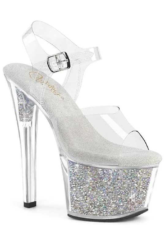 Plus Size Women's Rhinestone - Embellished Heeled Sandals in Silver for a Glamorous Party OutfitPleaser SKY-308RSI Sandal