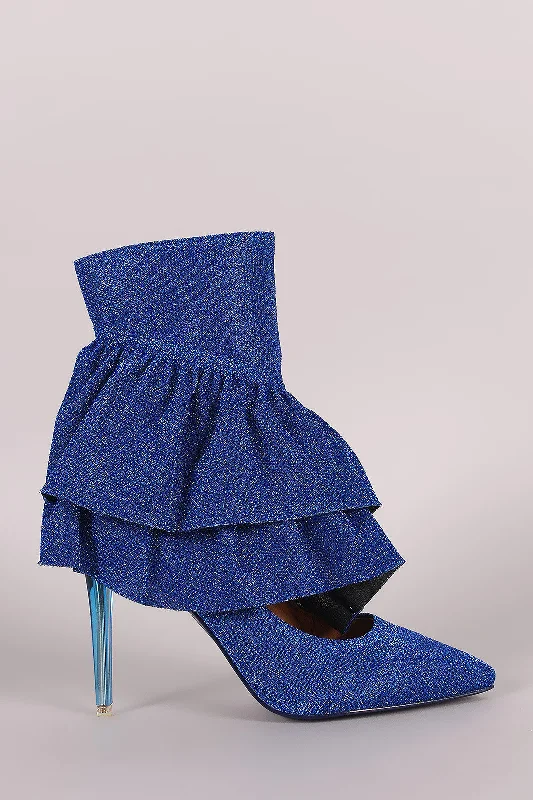 Women's non - slip stiletto heel pumps for safety on slippery floorsGlitter Tierd Ruffle Cutout Pointy Toe Stiletto Booties Women's non - slip stiletto heel pumps for safety on slippery floorsGlitter Tierd Ruffle Cutout Pointy Toe Stiletto Booties