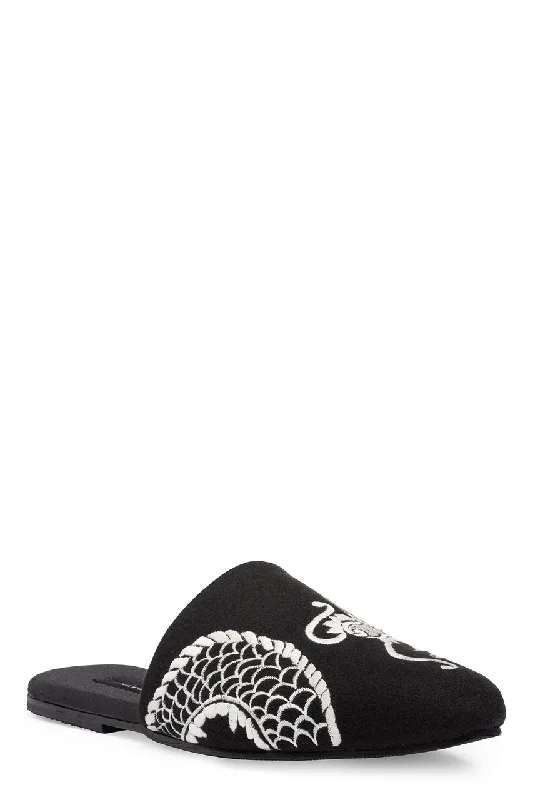 Women's Chunky Heeled Sandals with Studded Detail in Black for a Punk - Inspired and Edgy StyleDragon Embroidered Felt Slide