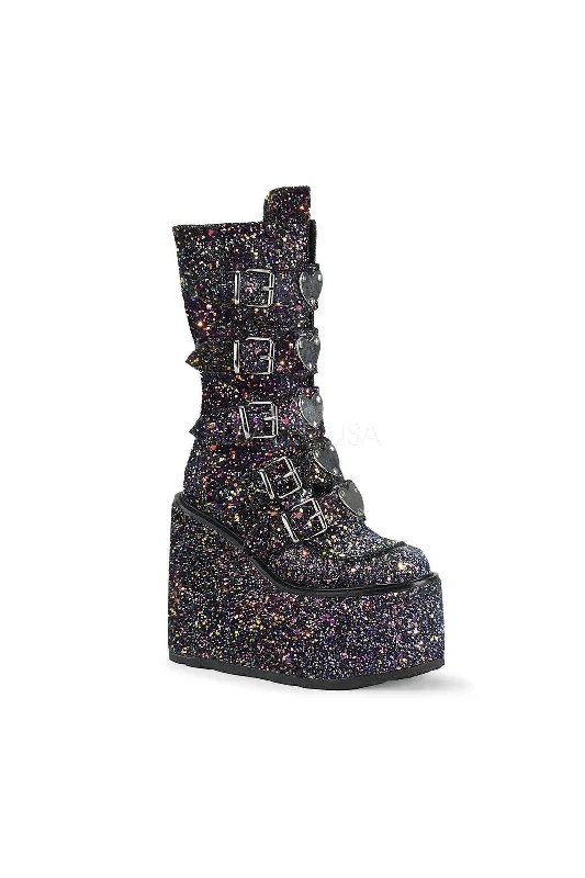 women's knee boots with pointed toeSWING-230G Demonia Knee Boot | Black Glitter