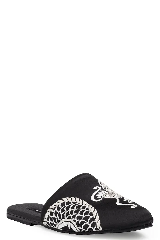 Women's Strappy Heeled Sandals with Ankle Strap in Nude for a Chic and Versatile LookDragon Embroidered Luxe Charmeuse Slide