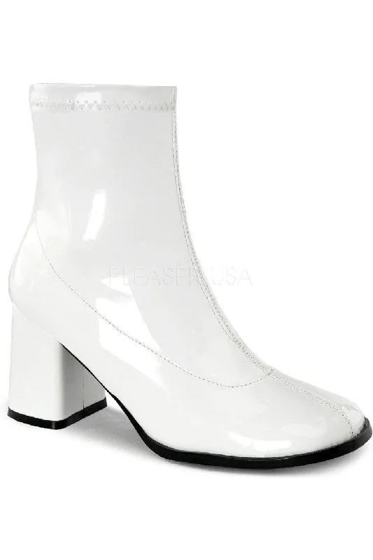 women's ankle heeled bootsGOGO-150 Costume GoGo Boot | White Patent