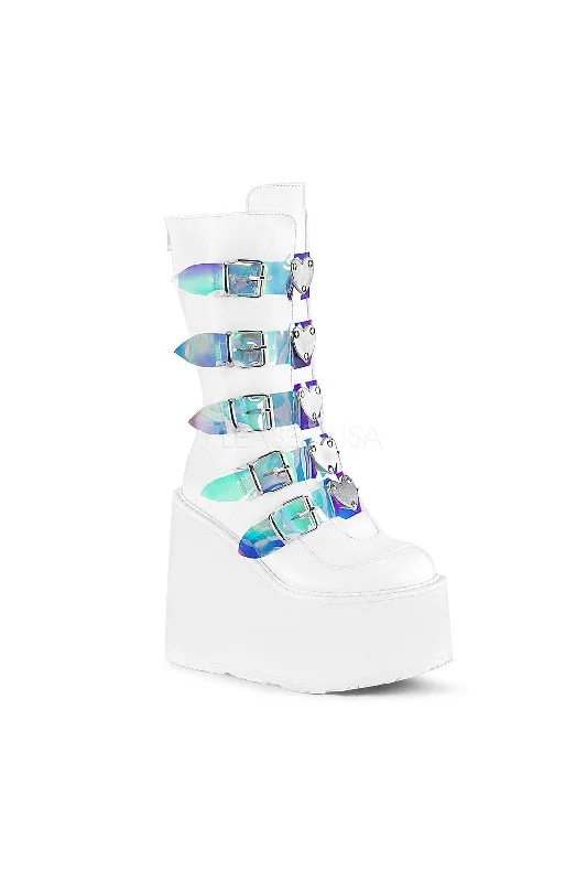women's knee-high boots for concertsSWING-230 Demonia Knee Boot | White Faux Leather