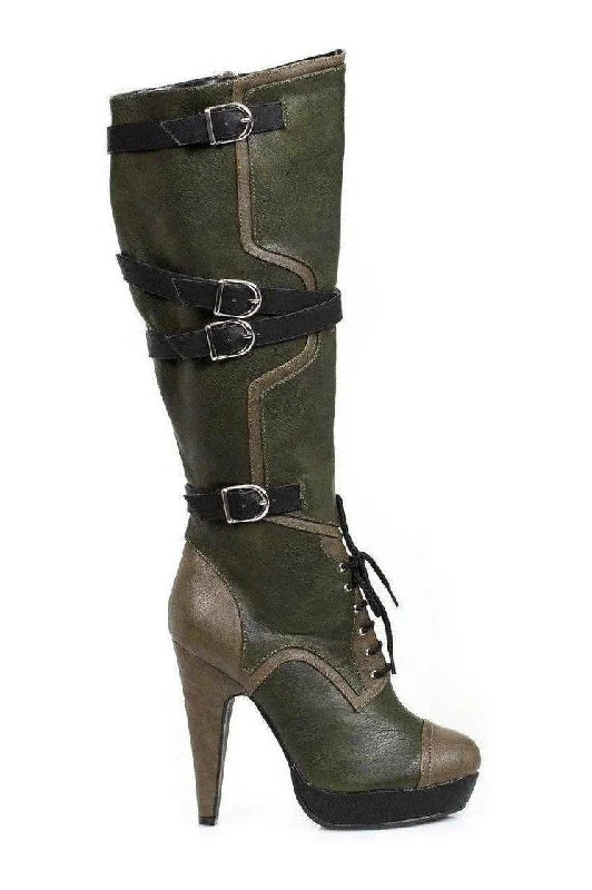 women's leather knee boots426-COMBAT Knee Boot | Green Faux Leather