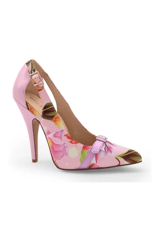 Women's mustard yellow stiletto heel pumps for a trendy pop of colorFlirty Floral Print Pump with Buckle Detail Women's mustard yellow stiletto heel pumps for a trendy pop of colorFlirty Floral Print Pump with Buckle Detail