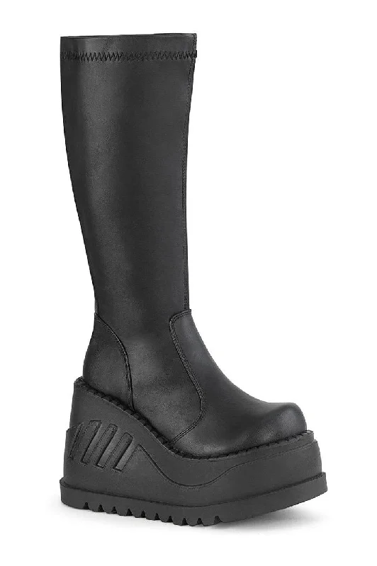 women's knee boots with unique designsSTOMP-200 Knee Boot | Black Faux Leather