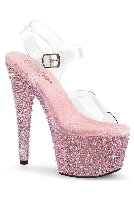 Women's Glitter Heeled Sandals with Ankle Strap and Chunky Heel in Gold for a Sparkly and Glamorous Party LookSS-Pleaser BEJEWELED-708MS Sandal