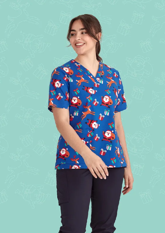 women's composite toe bootsLadies Christmas V-Neck Cotton Short Sleeve Scrub Top - Santa Electric Blue