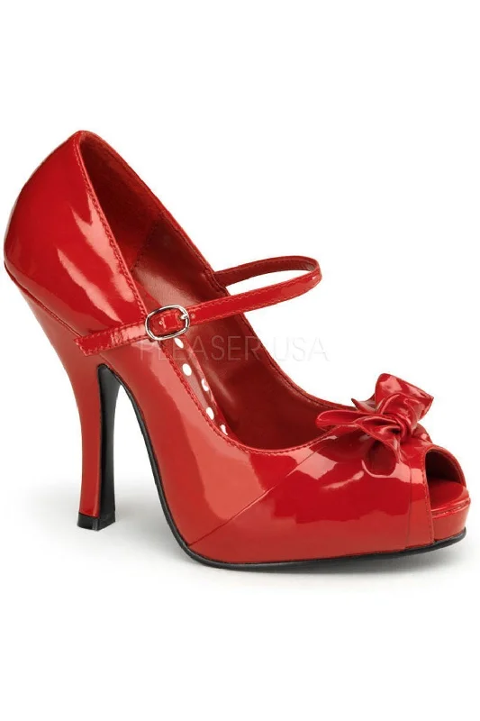 Women's mule - style stiletto heel pumps with a bow accentCUTIEPIE-08 Pump | Red Faux Leather Women's mule - style stiletto heel pumps with a bow accentCUTIEPIE-08 Pump | Red Faux Leather