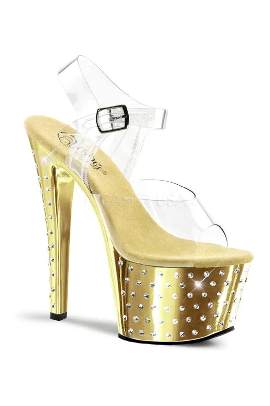 Women's Glitter Heeled Sandals with Ankle Strap and Chunky Heel in Gold for a Sparkly and Glamorous Party LookSS-STARDUST-708 Platform Sandal  | Clear Vinyl