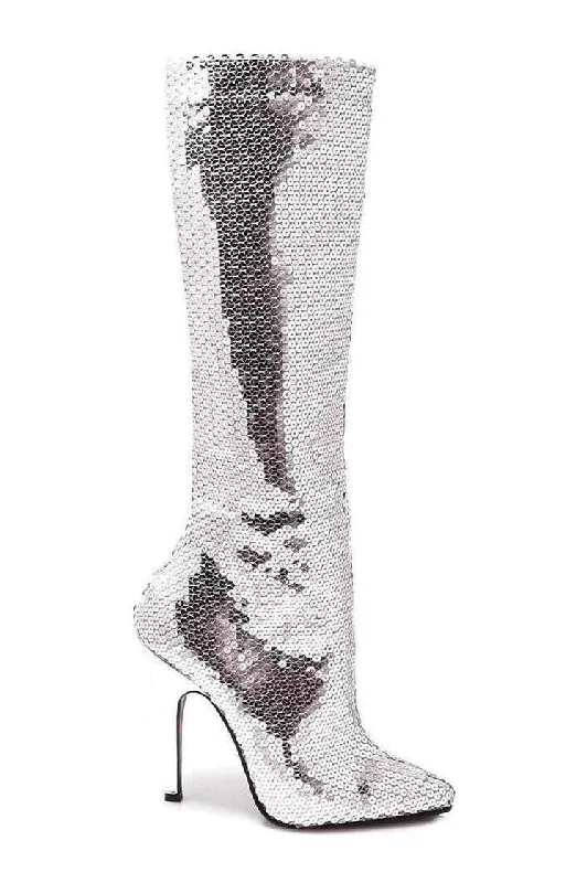 women's lace-up knee boots511-TIN Knee Boot  | Silver Faux Leather