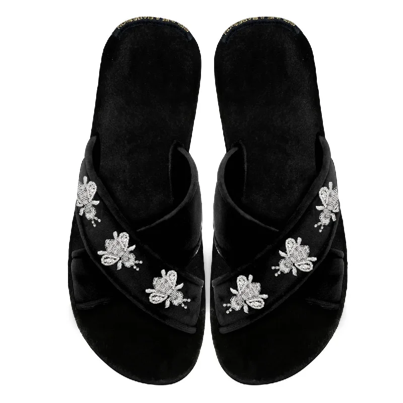 Women's Shearling Lined Slippers with a Fleece Upper in Tan for Ultimate Warmth Women's Shearling Lined Slippers with a Fleece Upper in Tan for Ultimate Warmth Women's Black Velvet Honey Bee Silver Zardosi Embroidery Cross Strap Slippers By Brune & Bareskin