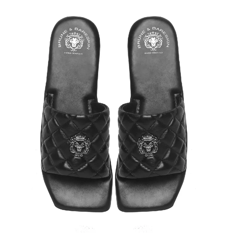 Women's Slippers with a Quilted Pattern in Gray for Added Style Women's Slippers with a Quilted Pattern in Gray for Added Style Women's Black Leather Squired Toe Quilted Strap Comfy Slide-in Slippers By Brune & Bareskin