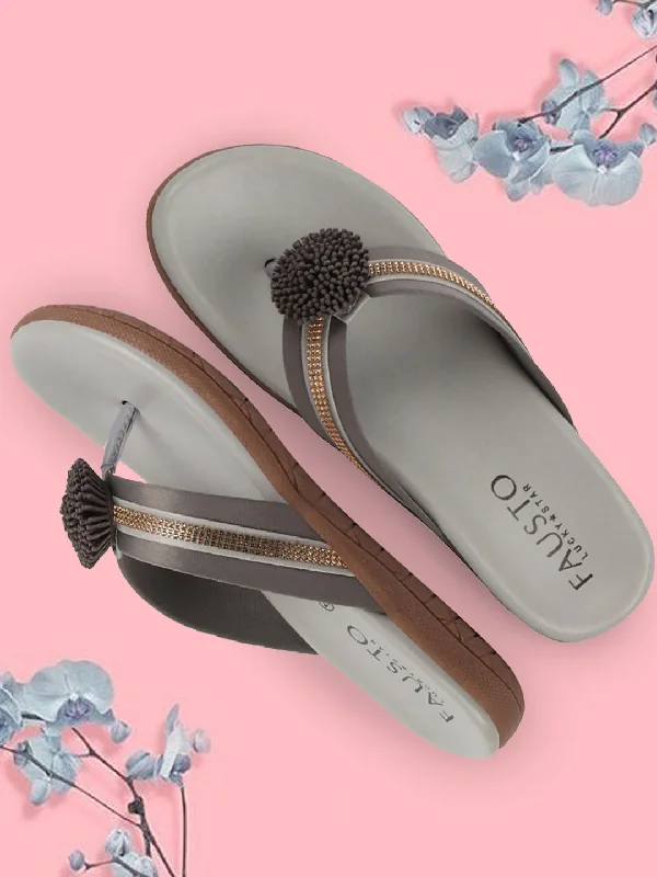 Women's Backless Slippers with a Furry Trim in Light Pink for a Cute and Casual Look Women's Backless Slippers with a Furry Trim in Light Pink for a Cute and Casual Look Women Grey Shiny Beads T-Strap Slipper With Cushioned Footbed|Party|Office Wear|Weekend