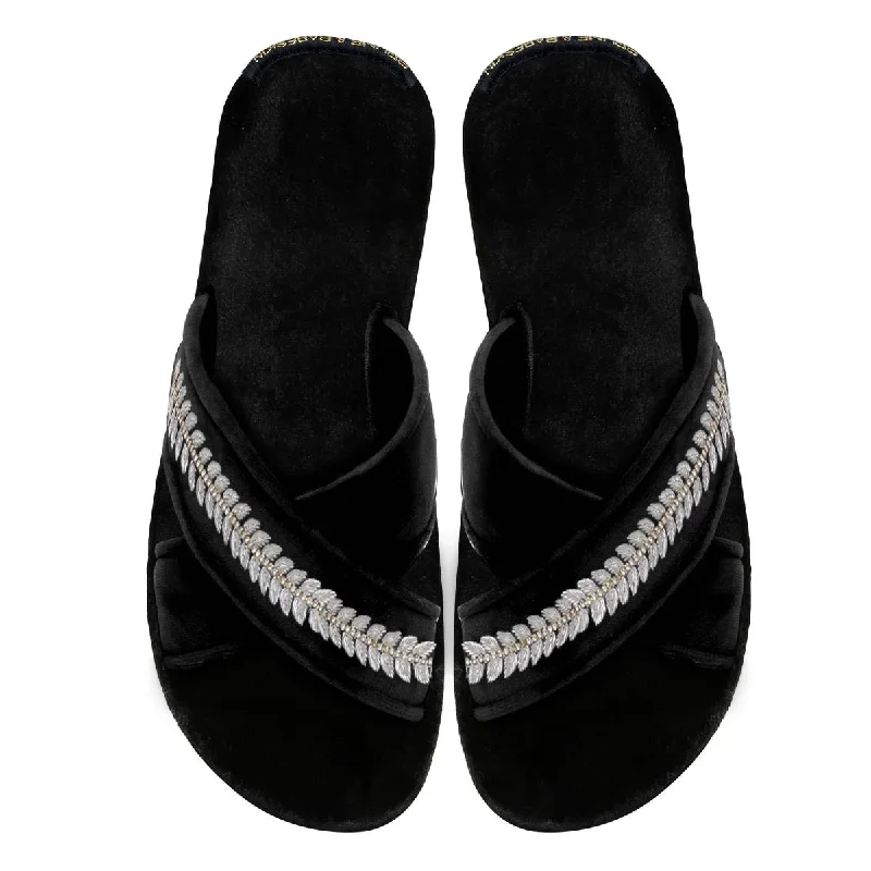 Women's Slippers with a Quilted Pattern in Gray for Added Style Women's Slippers with a Quilted Pattern in Gray for Added Style Women's Black Leaf Design Silver Zardosi Embroidery Cross Strap Slippers By Brune & Bareskin