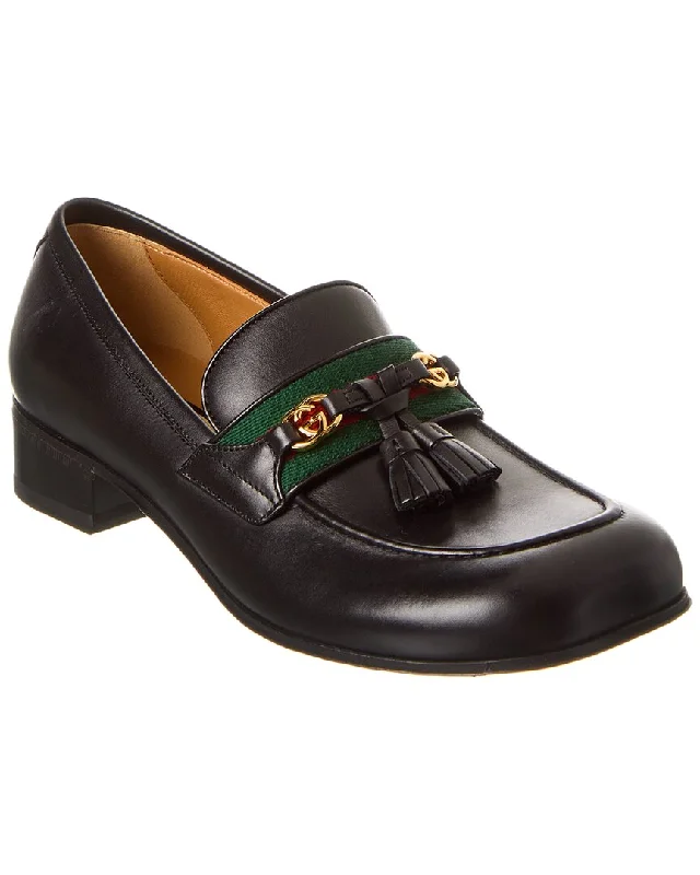 Women's Tassel - Trimmed Loafers with a Low Heel in Olive Green for a Trendy Twist Gucci Web Interlocking G Leather Loafer Women's Tassel - Trimmed Loafers with a Low Heel in Olive Green for a Trendy Twist Gucci Web Interlocking G Leather Loafer