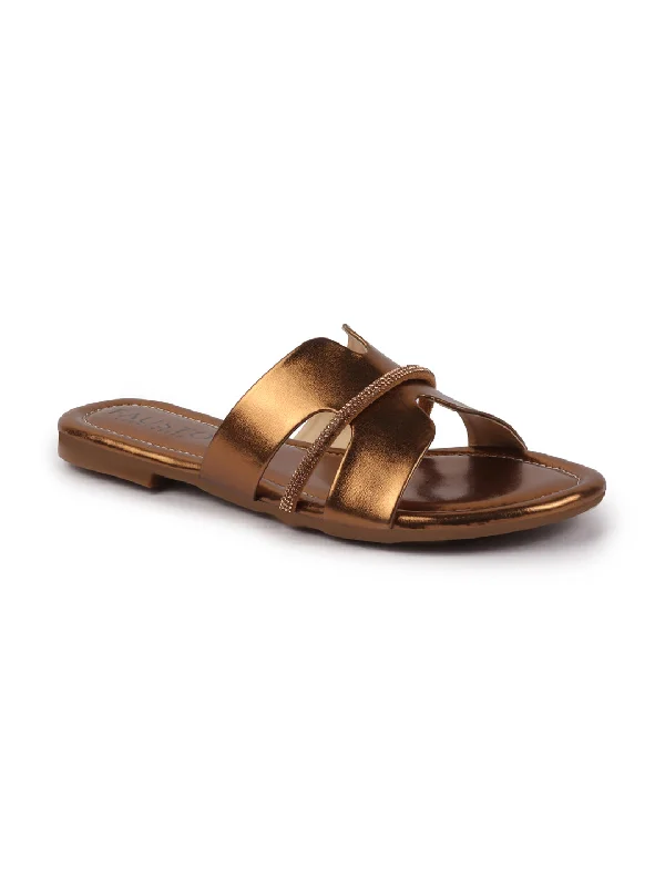 Women's Moccasin - Style Slippers with Fringe Detail in Brown for a Rustic Look Women's Moccasin - Style Slippers with Fringe Detail in Brown for a Rustic Look Women Copper Shiny Open Toe Embellished Design Slipper With Cushioned Footbed|Flat Slipper For Party|Festive|Wedding