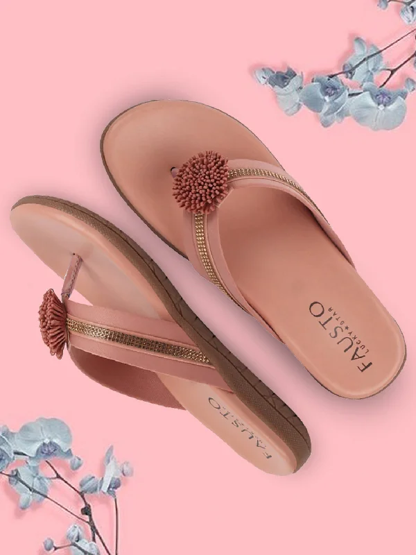 Women's Moccasin - Style Slippers with Fringe Detail in Brown for a Rustic Look Women's Moccasin - Style Slippers with Fringe Detail in Brown for a Rustic Look Women Pink Shiny Beads T-Strap Slipper With Cushioned Footbed|Party|Office Wear|Weekend