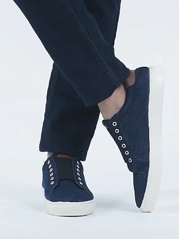 Men Navy Blue Elastic Closure Comfort Canvas Denim Slip On Sneaker Shoes