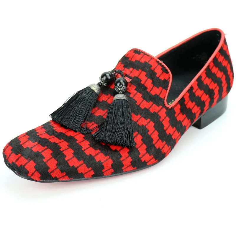 Slip - on men's loafers for easy wearFiesso FI-7254 Black Red Pony hair Slip on With Tassel Loafers Slip - on men's loafers for easy wearFiesso FI-7254 Black Red Pony hair Slip on With Tassel Loafers