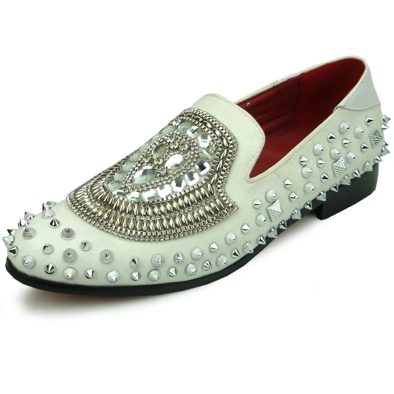 Men's loafers with a smooth leather finishFiesso FI-7500 White Suede Silver Stones Slip on Loafers Men's loafers with a smooth leather finishFiesso FI-7500 White Suede Silver Stones Slip on Loafers