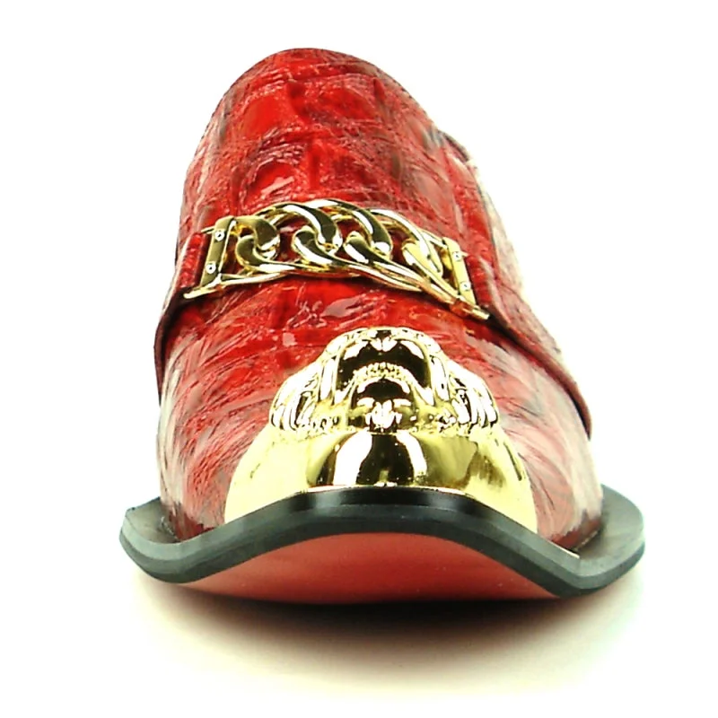 Men's loafers with a stretchy side panel for a better fitFiesso FI-7513 Red Leather Gold Metal Tip Loafers Men's loafers with a stretchy side panel for a better fitFiesso FI-7513 Red Leather Gold Metal Tip Loafers
