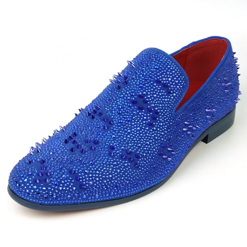 Men's loafers with a leather lacing systemFiesso FI-7516 Blue Suede Rhinestones Spikes Slip on Loafers Men's loafers with a leather lacing systemFiesso FI-7516 Blue Suede Rhinestones Spikes Slip on Loafers