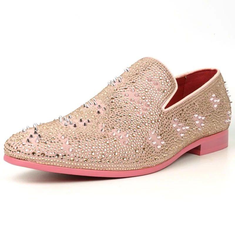 Men's loafers with a smooth leather finishFiesso FI-7516 Pink Suede Rhinestones Spikes Slip on Loafers Men's loafers with a smooth leather finishFiesso FI-7516 Pink Suede Rhinestones Spikes Slip on Loafers