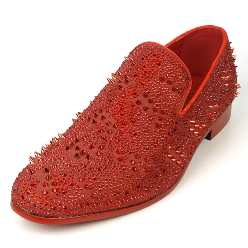 Men's loafers with a low - heeled designFiesso FI-7516 Red Suede Rhinestones Spikes Slip on Loafers Men's loafers with a low - heeled designFiesso FI-7516 Red Suede Rhinestones Spikes Slip on Loafers