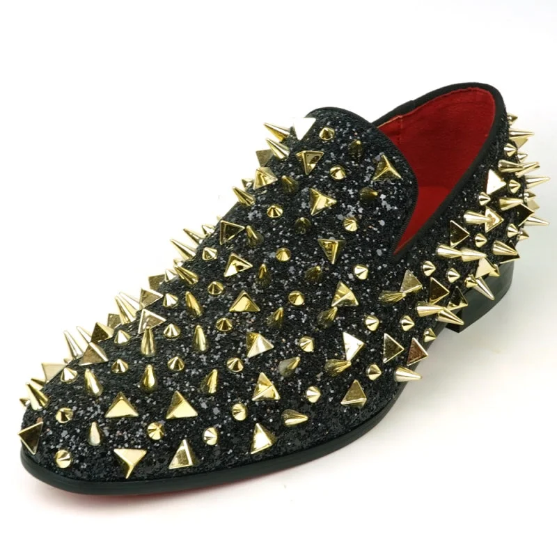 Men's loafers with a perforated leather upper for ventilationFiesso FI-7517 Black Glitter Gold Spikes Slip on Loafers Men's loafers with a perforated leather upper for ventilationFiesso FI-7517 Black Glitter Gold Spikes Slip on Loafers