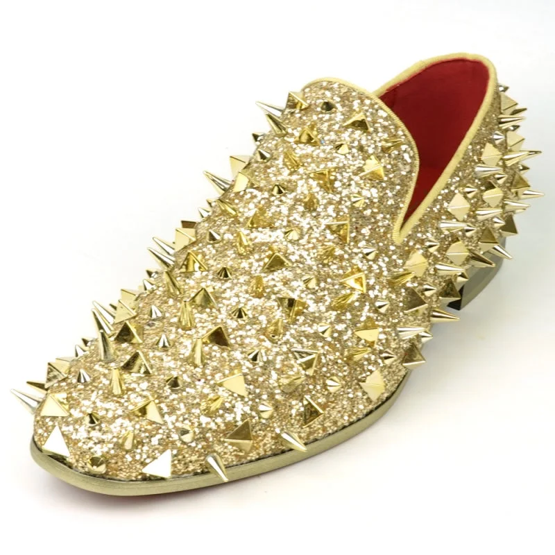 Men's loafers with a flexible sole for easy movementFiesso FI-7517 Gold Glitter Gold Spikes Slip on Loafers Men's loafers with a flexible sole for easy movementFiesso FI-7517 Gold Glitter Gold Spikes Slip on Loafers