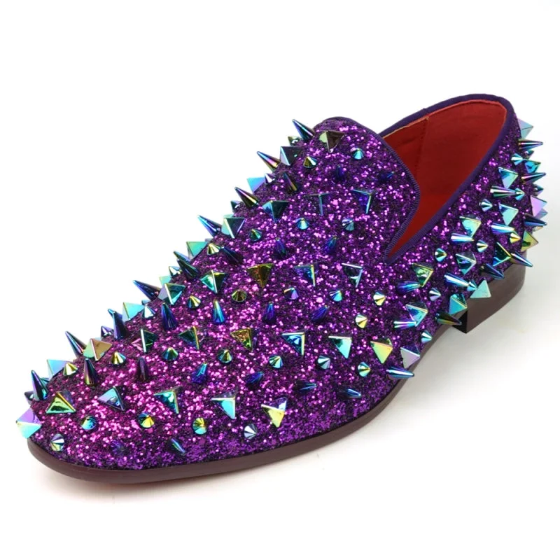 Men's loafers with a decorative buckleFiesso FI-7517 Purple Glitter Purple Spikes Slip on Loafers Men's loafers with a decorative buckleFiesso FI-7517 Purple Glitter Purple Spikes Slip on Loafers