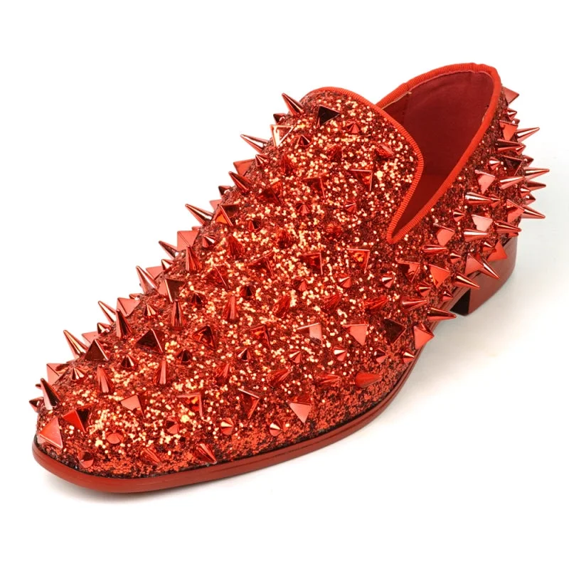 Men's loafers with a low - heeled designFiesso FI-7517 Red Glitter Red Spikes Slip on Loafers Men's loafers with a low - heeled designFiesso FI-7517 Red Glitter Red Spikes Slip on Loafers
