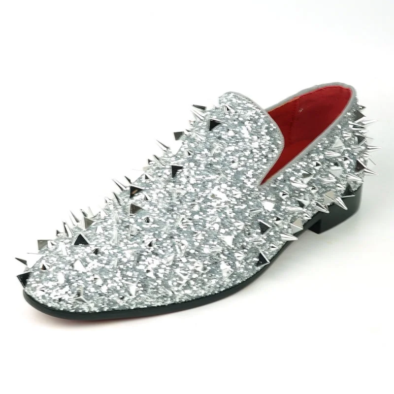 Men's loafers with a moc - toe designFiesso FI-7517 Silver Glitter Silver Spikes Slip on Loafers