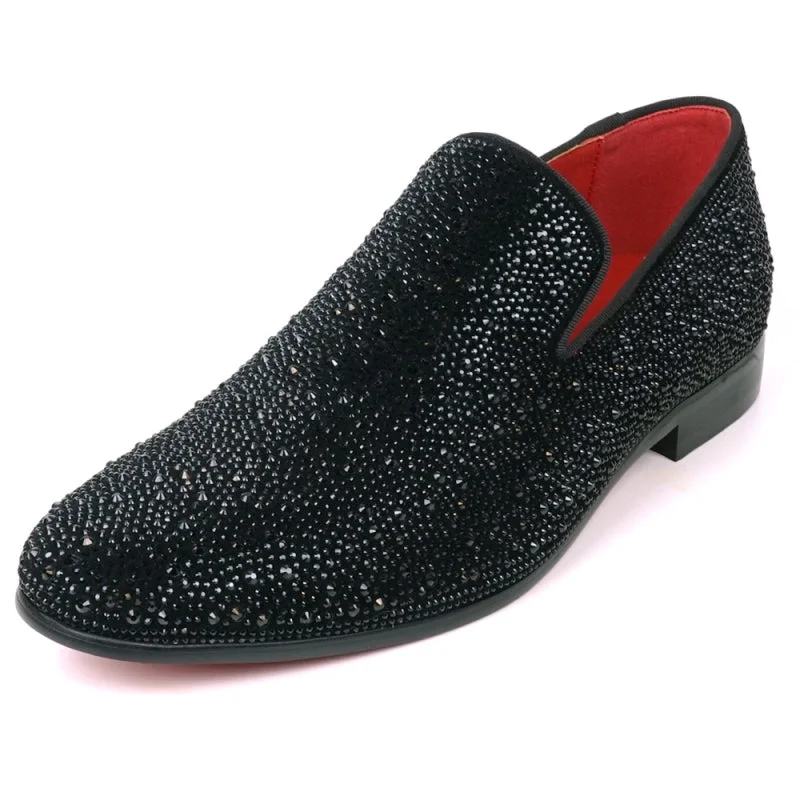 Men's leather loafers with a penny slotFiesso FI-7525 Black Suede Black Rhinestones Slip on Loafers