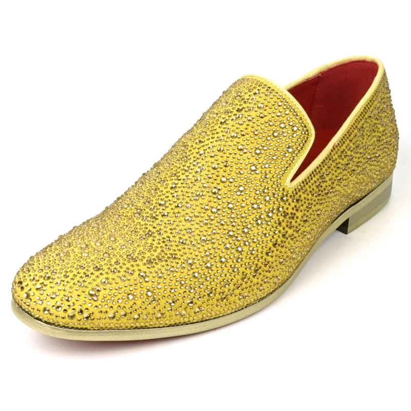 Men's loafers with a leather lacing systemFiesso FI-7525 Gold Suede Gold Rhinestones Slip on Loafers