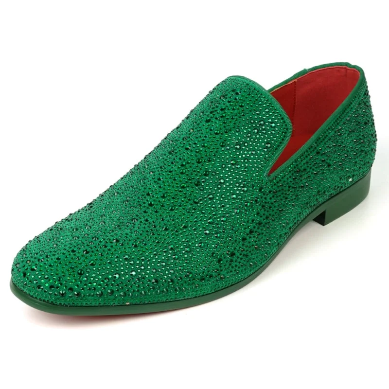 Men's loafers with a perforated leather upper for ventilationFiesso FI-7525 Green Suede Green Rhinestones Slip on Loafers
